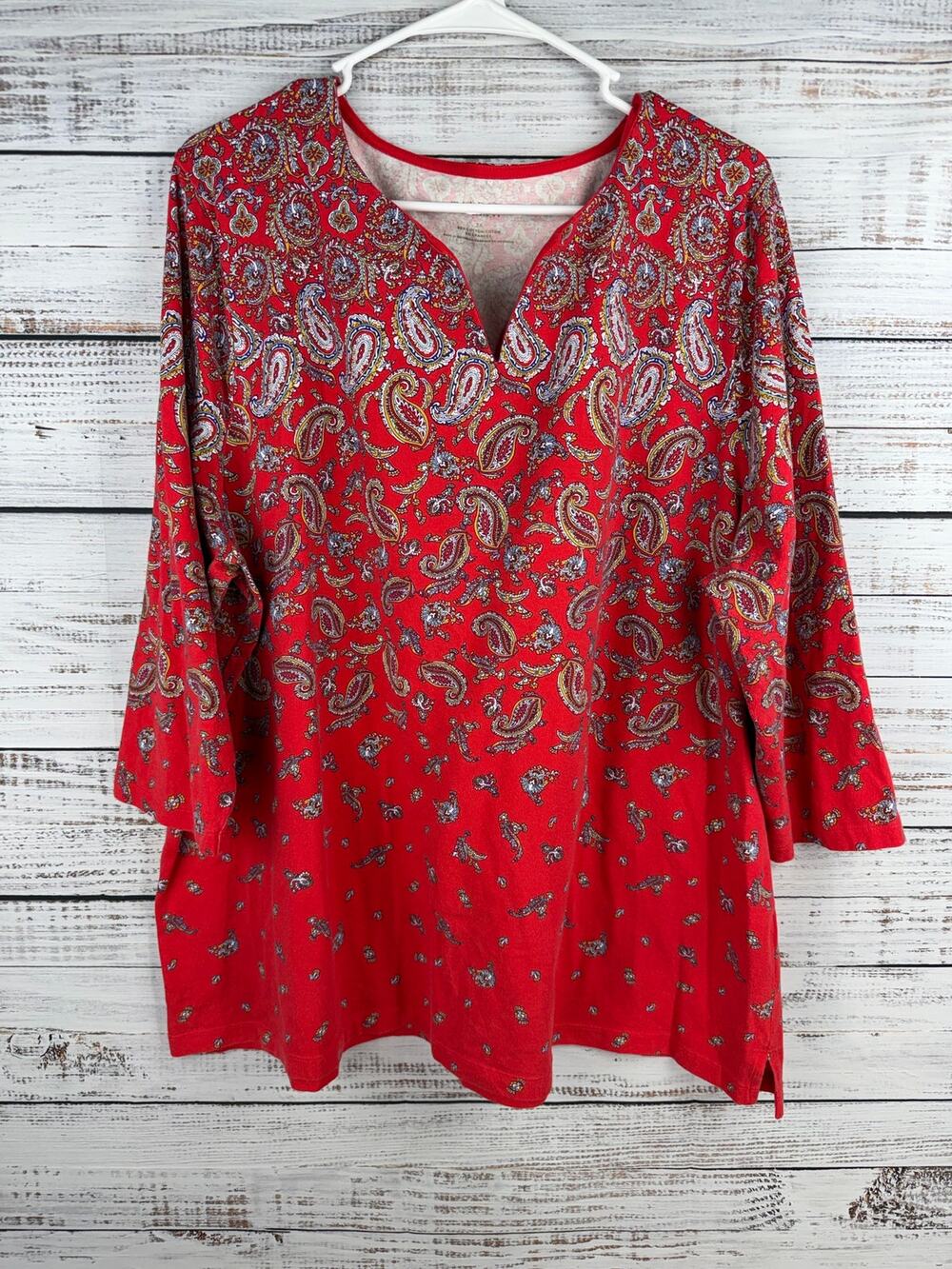 Talbots Woman 3X Pink Paisley Top 3/4 Sleeve Stretch Casual Modest Boho Normcore